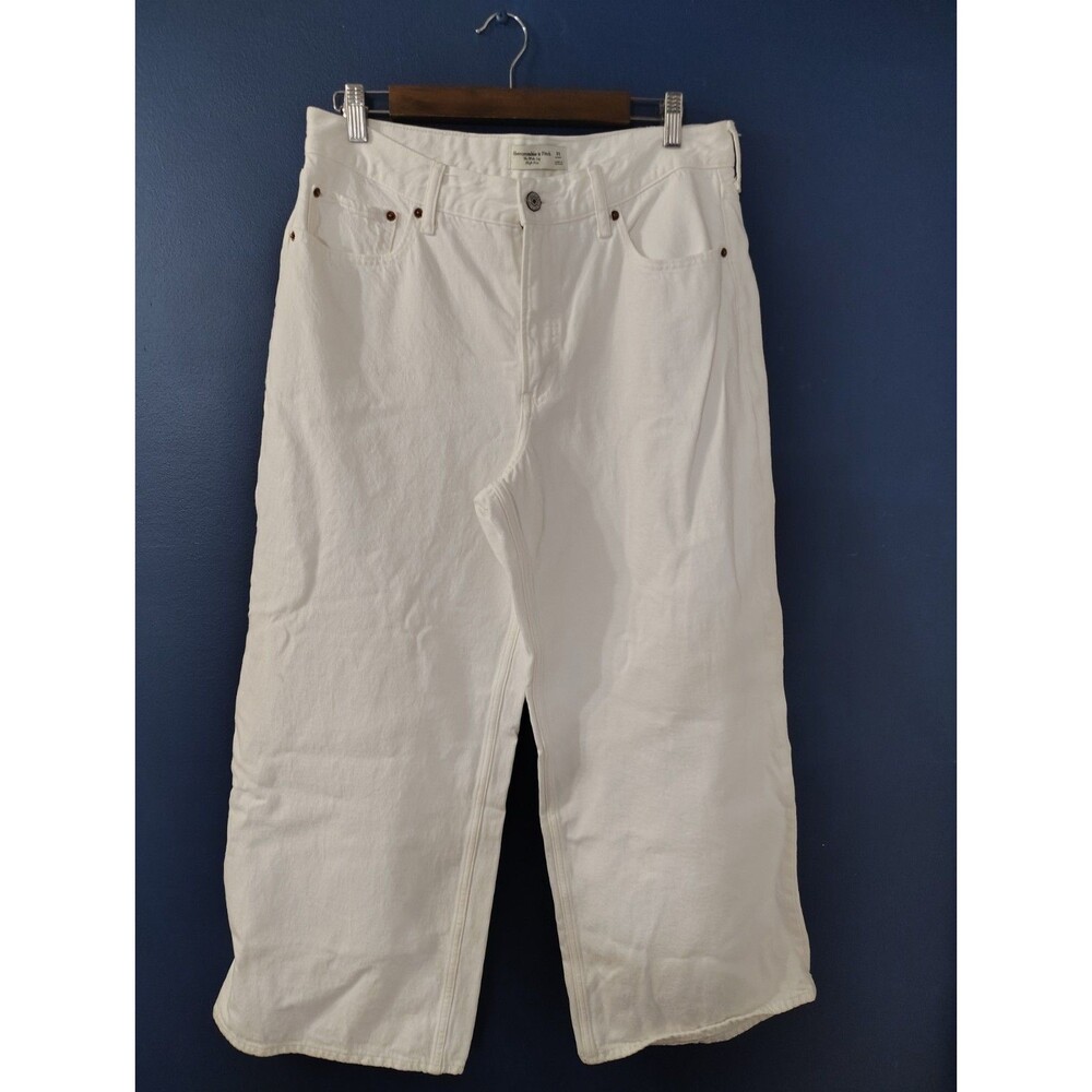 Abercrombie & Fitch White Denim Jeans 31 Wide Leg high Rise Button Zip curve